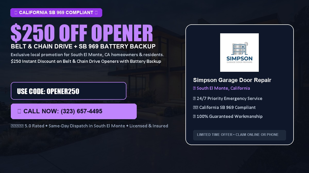 $250 OFF Smart Garage Door Opener Installation (Belt & Chain Drive with California SB 969 Battery Backup) in South El Monte, CA